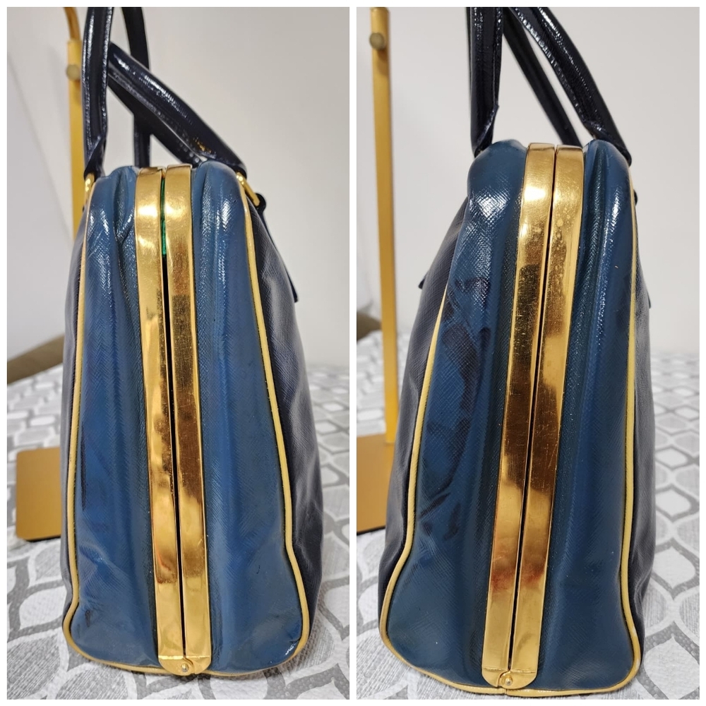 Prada Saffiano Vernice Pyramid Bag Navy Blue - Picture 8 of 15